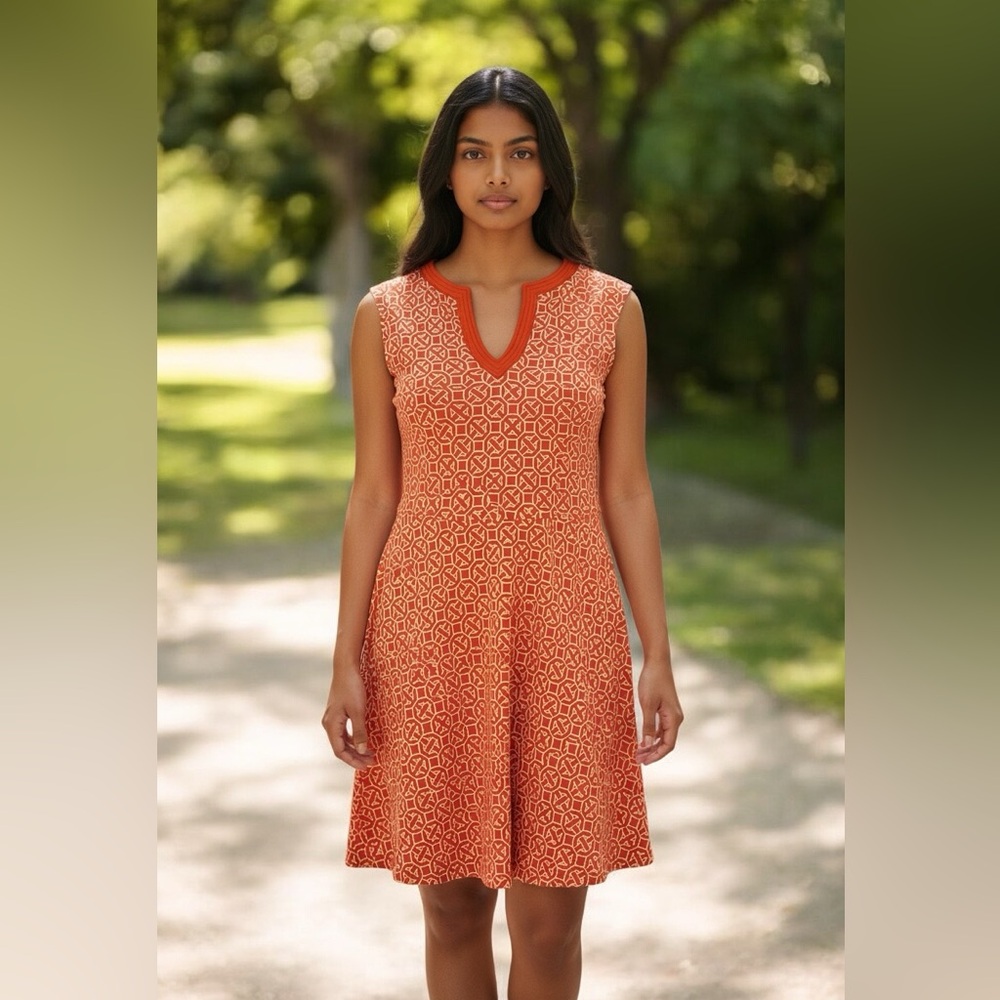 New York & Company Orange Patterned Midi Dress